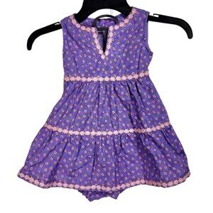 VTG 70s Purple Calico Floral Rick-Rack Trim Dress and Bloomers Girls Size 24M